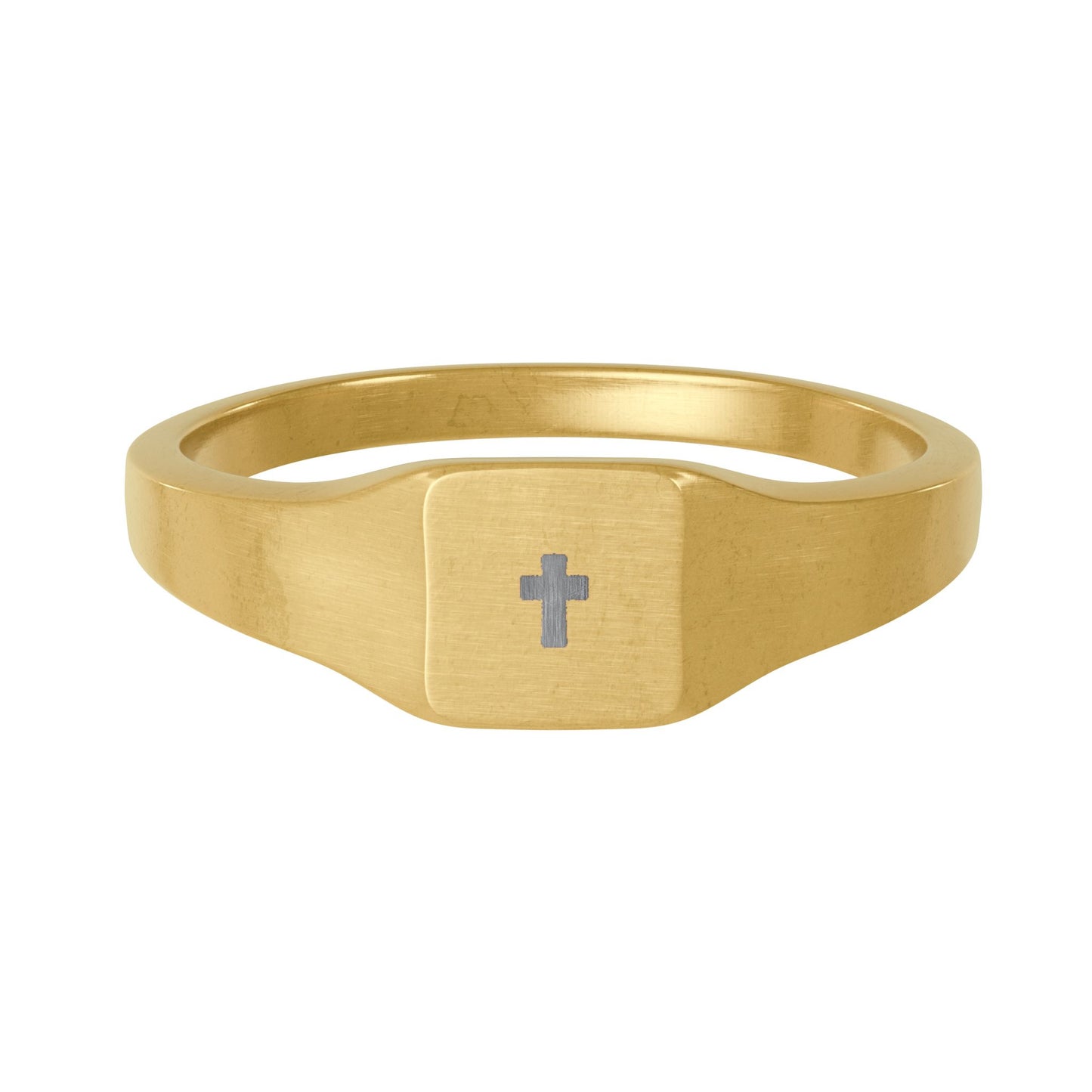 Gold Stainless Steel Square Signet Ring — Engravable Cross Minimalist Band