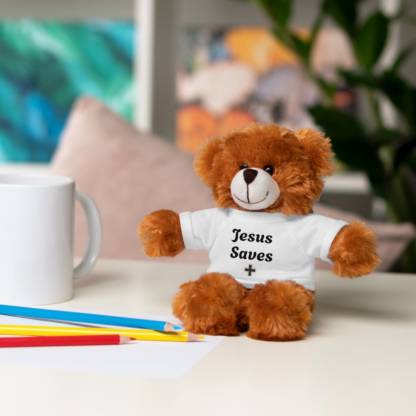 Christian Teddy Bear — Plush Toy Wearing “Jesus Saves” Tee