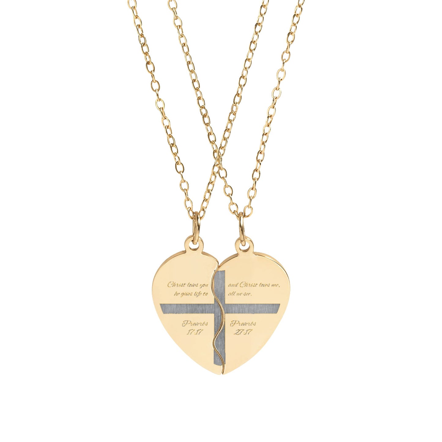 Engravable Christian Friendship Break-Apart Heart Necklace Set — Split Heart Friendship/Anniversary Pendant