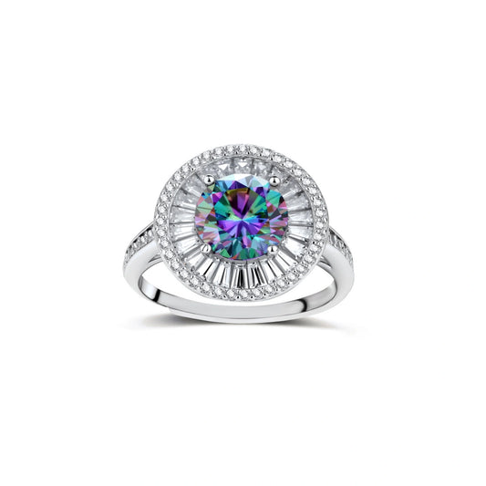Close-up of sterling silver halo ring with round rainbow moissanite center stone surrounded by baguette-cut stones