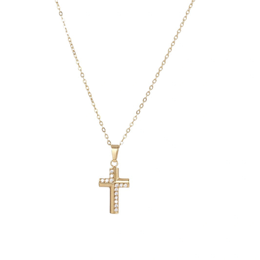 Gold-plated stainless steel cross necklace with crystal embellishments on adjustable chain against light background.
