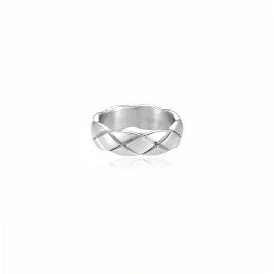 Braided stainless steel band ring with geometric interwoven strands in brushed silver finish on white background