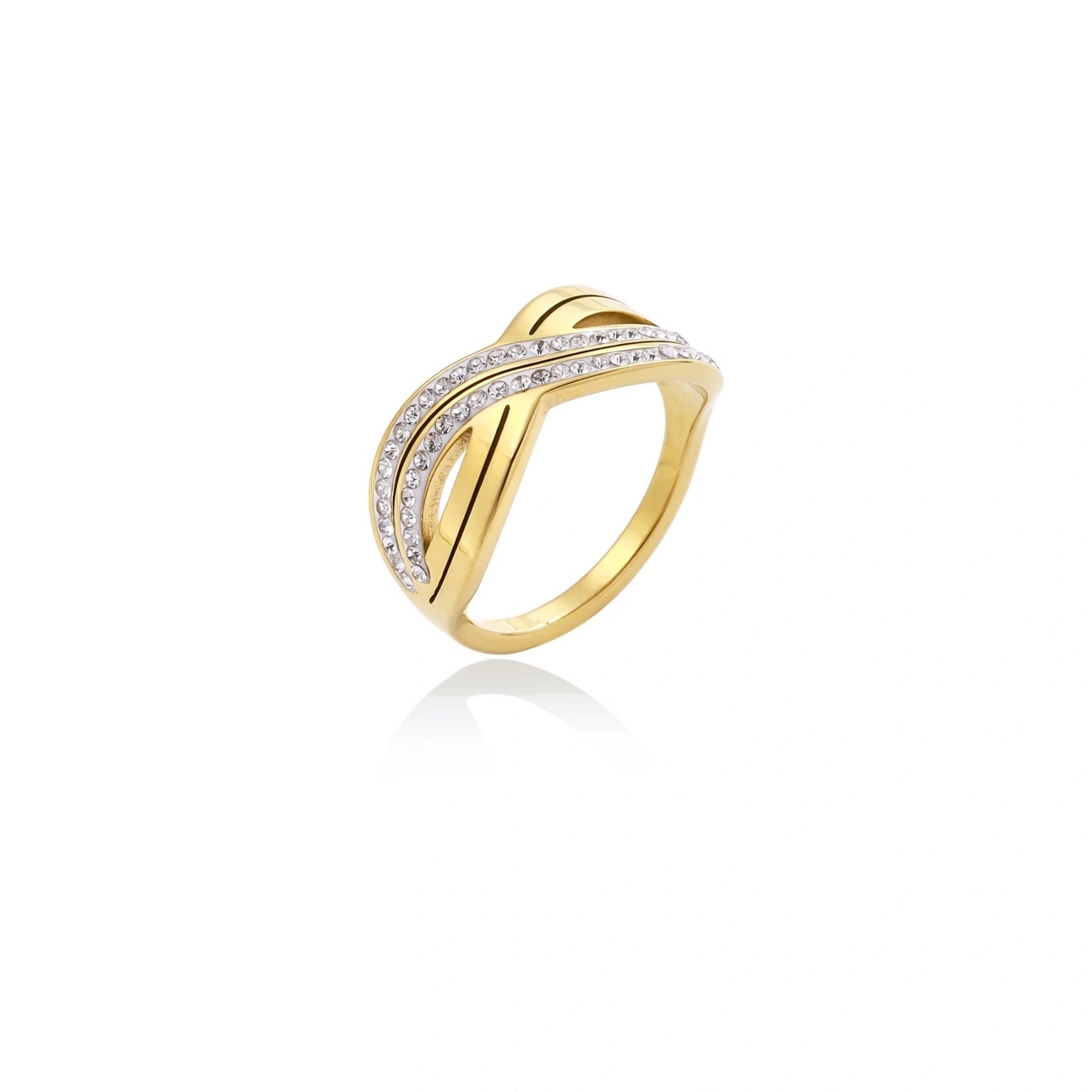 Gold-plated ring with interweaving wave bands and two rows of clear rhinestones creating an infinity pattern