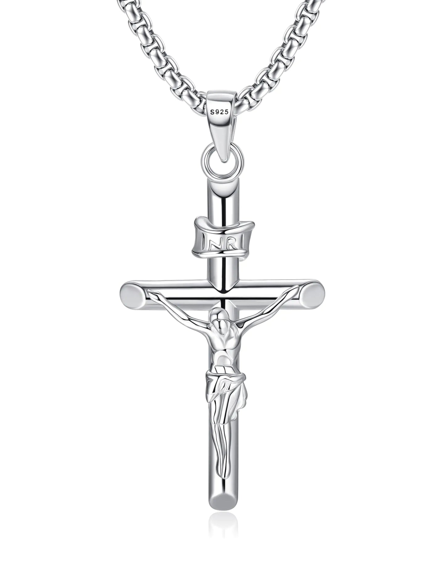MILACOLATO 925 Sterling Silver Crucifix Necklace for Men Women 2mm Sterling Silver Rolo Chain Small Crucifix Pendant Jesus Crucifix Cross Necklace 18 Inches Christian Religious Jewelry Gifts
