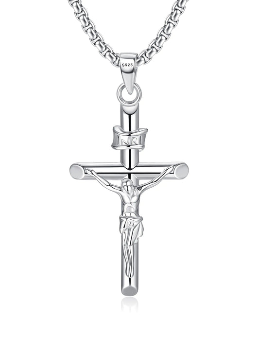 MILACOLATO 925 Sterling Silver Crucifix Necklace for Men Women 2mm Sterling Silver Rolo Chain Small Crucifix Pendant Jesus Crucifix Cross Necklace 18 Inches Christian Religious Jewelry Gifts