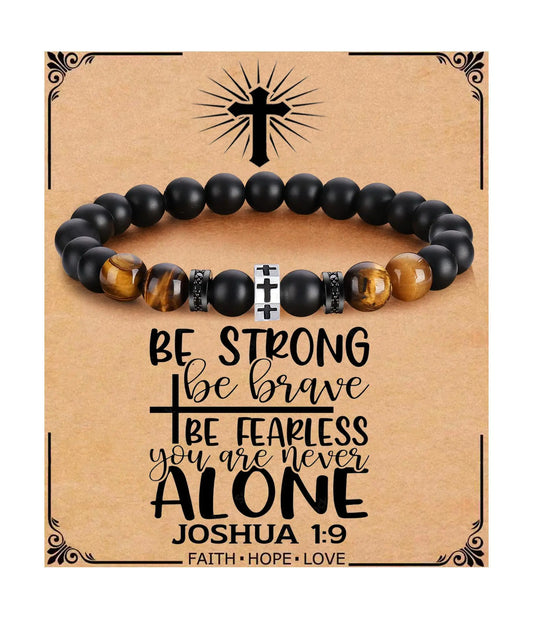 QWNHONEY Cross Bracelet for Men Christian Religious Baptism Birthday Christmas Gifts for Man Black Nature Tiger Eyes Beads Bracelet Be Strong Be Brave Be Fearless
